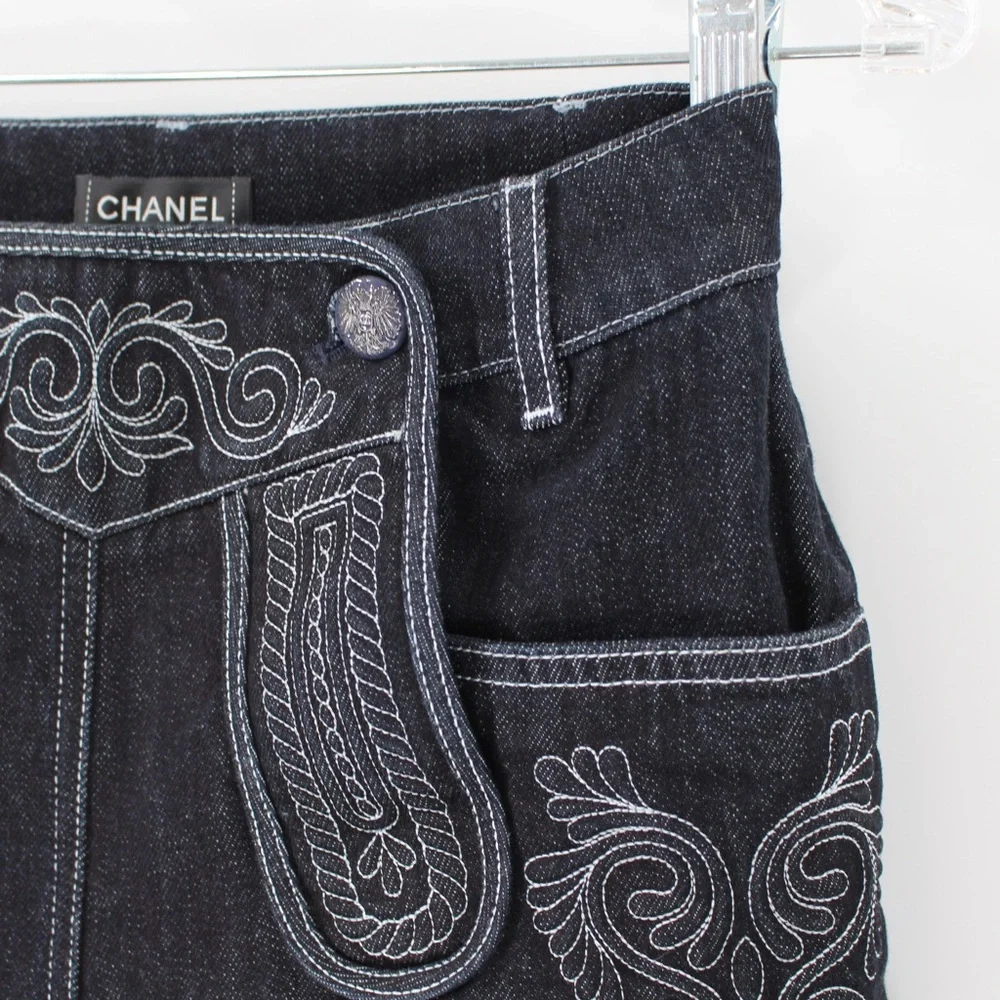 CHANEL Dark Indigo Embroidered Denim Shorts